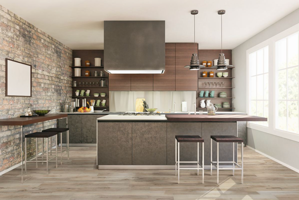 Modern kitchen with brick wall, gray cabinets, wood island, bar stools, pendant lights, open shelves, large windows, and wood floor.
