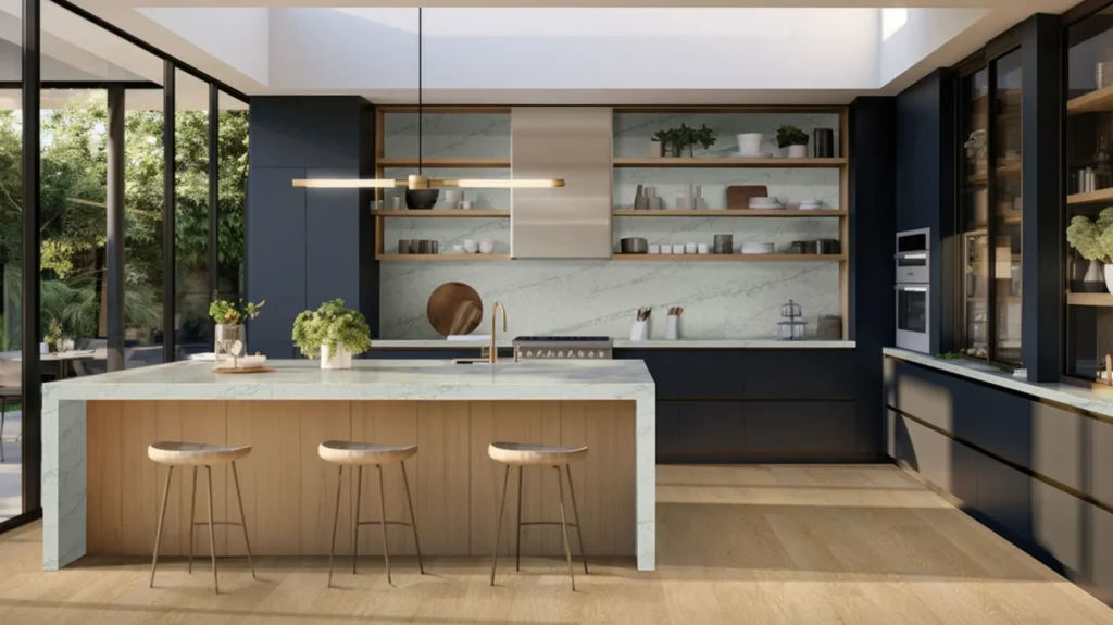 Modern kitchen with dark cabinets, white countertops, and a large island with three wooden bar stools.